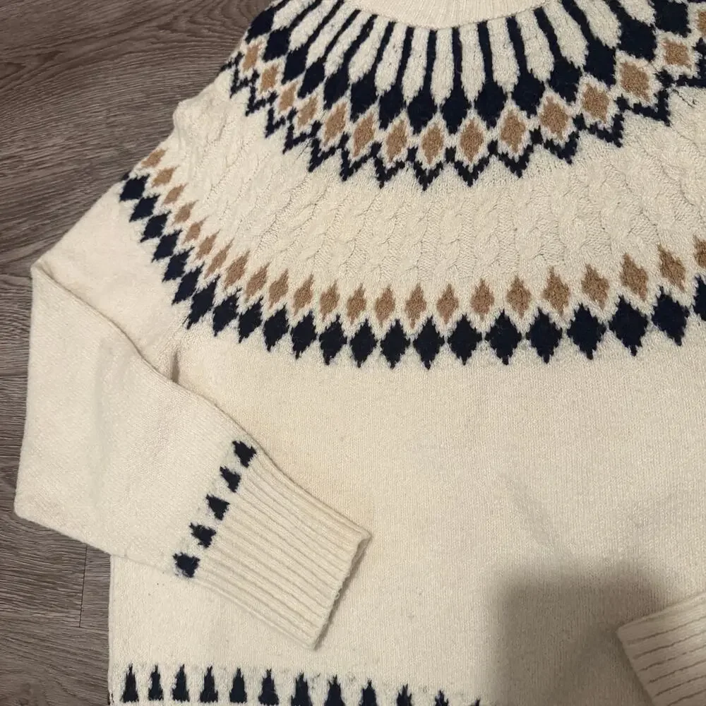 Artelier Nicole Miller Fair Isle Mock Neck Sweater Cream Black Nordic Large Soft - Picture 3 of 7